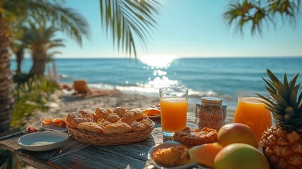 Obraz premium Enjoying a refreshing breakfast by the beach with tropical fruits and juices on a sunny morning