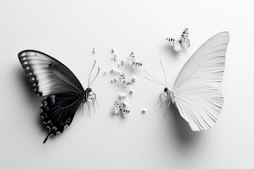 Obraz premium Butterflies of contrasting colors surrounded by delicate white elements on a light background