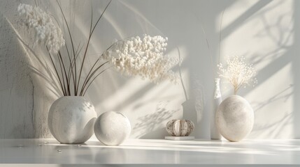 Obraz premium Elegant white vases in a minimal sunlight setting