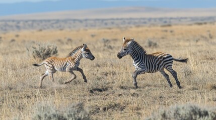 Obraz premium Playful zebra foal frolics in vibrant yellow flowers on a sunny day in the savanna