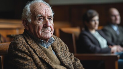 Elderly man sitting in a courtroom, pensive expression.