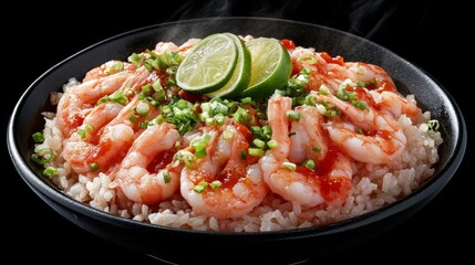 Delicious Shrimp Dish with Lime and Green Onions on Rice Bowl