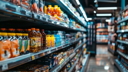 Fototapeta premium Supermarket aisle with a variety of colorful products