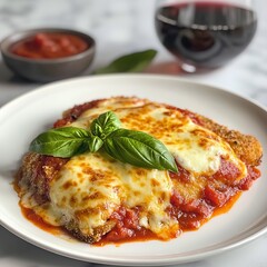 A plate of golden-brown chicken parmesan with marinara sauce and melted mozzarella, served on a simple white plate, Chicken parmesan slightly off-center with a sprig of basil