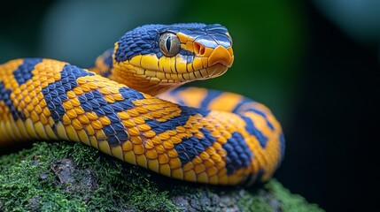 Fototapeta premium Colorful snake resting on mossy rock in a lush tropical environment
