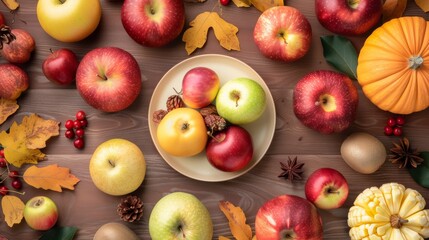 Assortment of fresh apples and pumpkins on wooden surface