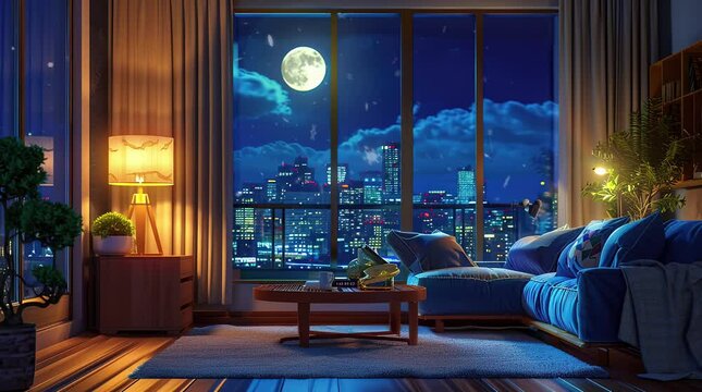 Cozy room with sofa by window under full moon night with peaceful warm atmosphere  
Seamless looping 4k time-lapse virtual video animation Generated AI