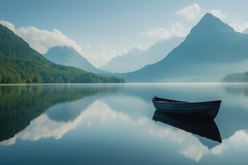 Obraz premium Serene boat on calm lake surrounded by mountains on a misty autumn morning