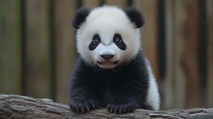 Obraz premium Cute panda cub sitting on a tree branch in a natural habitat during daytime