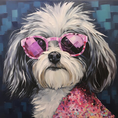 Stylish dog portrait wearing pink sunglasses and colorful outfit. Perfect for trendy posters, lifestyle branding, and pet-themed products.