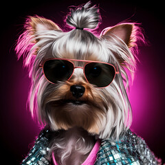 A fashionable Yorkie dog sporting sunglasses, a shiny disco-style jacket, and a topknot hairstyle against a vibrant, neon-lit backdrop. Perfect for pet fashion, playful marketing, pet shop