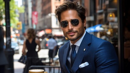 Handsome man in suit and sunglasses outdoors.