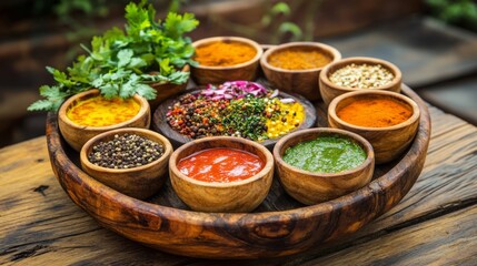 Colorful Indian Spices in Bowls on a Wooden Tray with Herbs