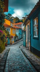Fototapeta premium Cobblestone street, colorful houses, lush greenery.