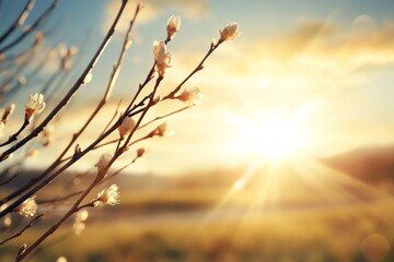 Blossoming branches basking in golden sunlight during a tranquil sunrise over rolling hills