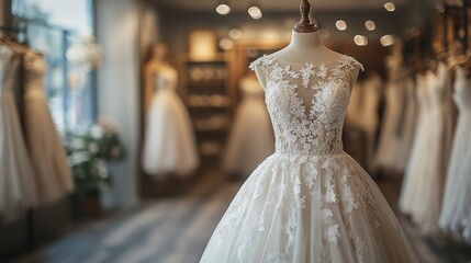 Bridal gown display in a boutique setting with intricate lace detailing