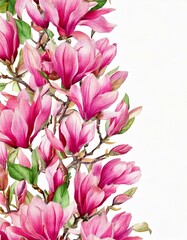 Magnolia seamless Border. Watercolor pattern with branches and pink Flowers. Ornament for wedding invitations or greeting cards