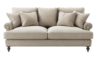 Neutral-toned three-seater sofa with rolled arms, plush cushions, matching throw pillows, and turned wooden legs, offering comfort and timeless living room style, isolated on transparent background