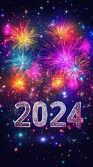 2024 in silver script with colorful fireworks and starry background