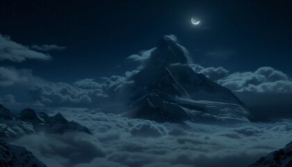 Majestic mountain peak with a radiant orb hovering amidst dramatic stormy clouds