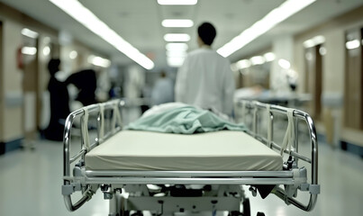 Fototapeta premium Medical gurney in a hospital corridor with defocused background