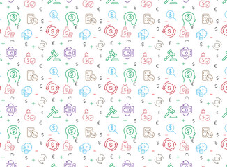  Money seamless pattern. Vector background included line icons as piggy bank, wallet, credit card, coin, banknote, bag, cash, finance, receipt outline pictogram for banking.