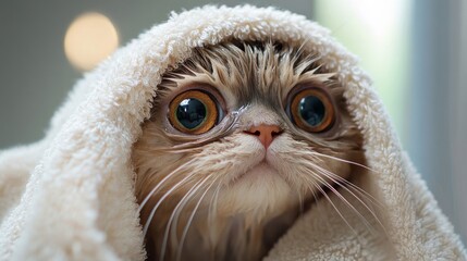 Obraz premium Cute Cat Wrapped in Towel with Big Eyes Looking Curious