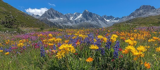 Fototapeta premium A vibrant mountain meadow filled with colorful wildflowers against a backdrop of majestic peaks.