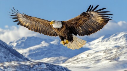 Fototapeta premium Majestic bald eagle soaring above snow-covered mountains under clear blue sky