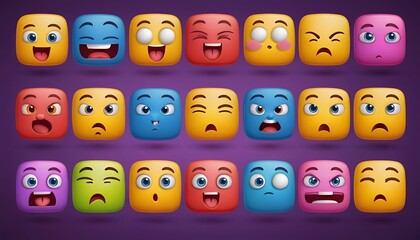 Cartoon set of cute square emoji with different emotions. Illustration of neon color funny faces smiling, angry, bored, scared, surprised, crazy, laughing. Game characters. Chat message symbols