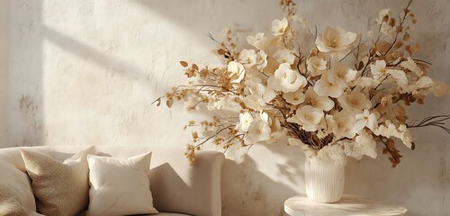 A textured beige and cream marble flower arrangement in a cozy artistic setting