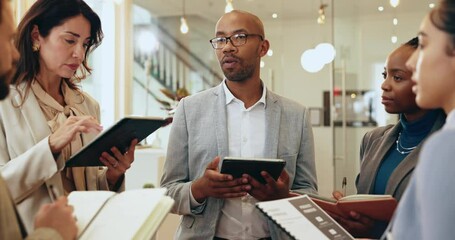 Meeting, tablet and our vision with business people in office together for brainstorming scrum. Collaboration, feedback and talking with employee team in workplace for corporate group discussion
