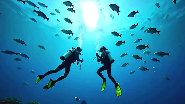 divers in the blue sea