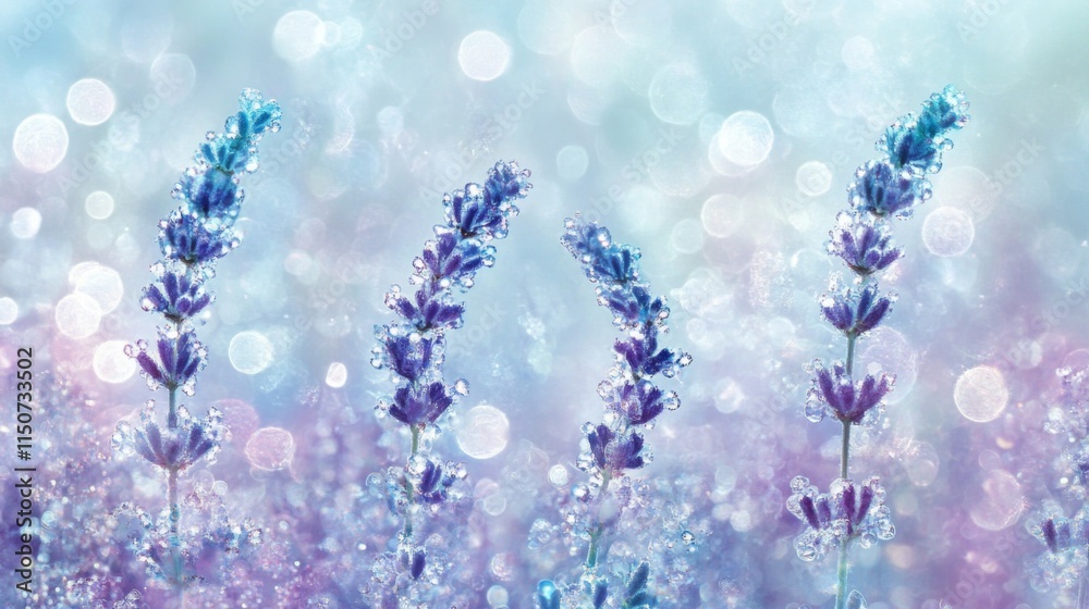 Poster delicate lavender stems with dew drops and dreamy bokeh background