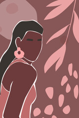 Abstract poster with a silhouette of a girl on a background of leaves and abstract shapes. Vector graphics.