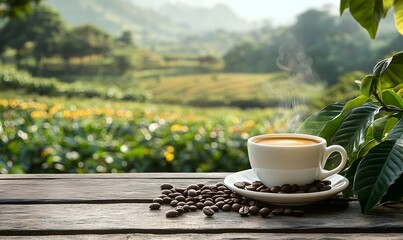 A white coffee cup with steaming coffee and coffee beans on a rustic wooden table