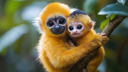 Obraz premium Playful monkeys clinging to tree branch in lush environment during daylight