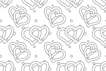 Black-and-white seamless pattern featuring intertwined hearts and scattered dots. Ideal for children s coloring activities or romantic-themed projects.