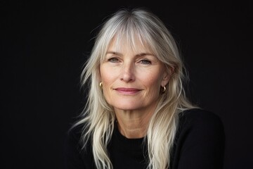 Naklejka premium Portrait of a woman with long blonde hair smiling warmly against a dark background