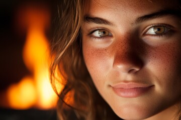 Fototapeta premium Close up of a young woman with freckles and curly hair illuminated by a warm fire background in a cozy setting during evening hours