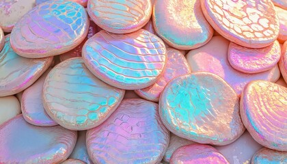 Holographic glossy pebbles creating a shimmering textured surface in soft pastel colors