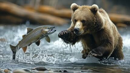 Obraz premium Bear catching fish in river during daytime in natural habitat near forest