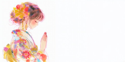 着物姿で初詣に来少女。イラスト。水彩画。