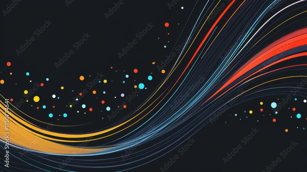 Fototapete abstract colorful flowing lines and dots on dark background
