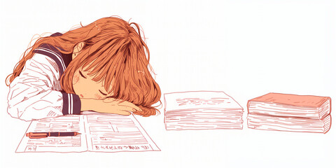受験勉強を頑張りすぎて寝ちゃった少女。イラスト。水彩画。
