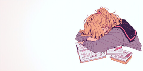 受験勉強を頑張りすぎて寝ちゃった少女。イラスト。水彩画。