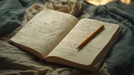 Open notebook with pencil on a bed.
