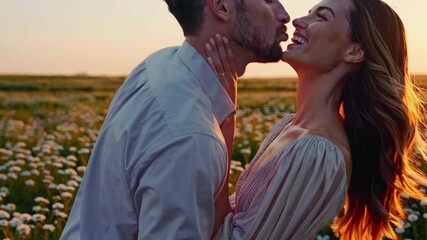 Joyful couple laughing and sharing a romantic moment in a blooming field.