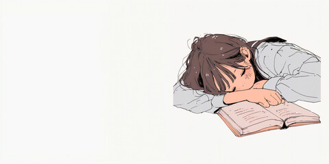 受験勉強を頑張りすぎて寝ちゃった少女。イラスト。水彩画。