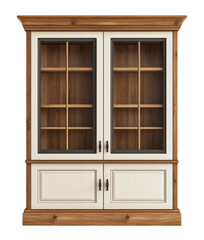 Wooden display cabinet with glass-paneled doors, featuring multiple interior shelves, a contrasting cream finish, black handles, and a lower section with two closed storage compartments, isolated